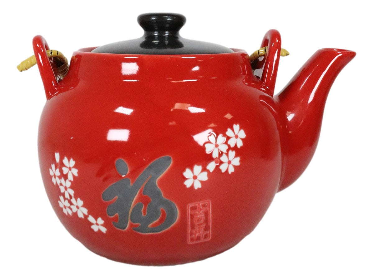 Sakura White Japanese Cherry Blossoms Porcelain Red Tea Pot 42oz And 4 Cups Set - Ebros Gift