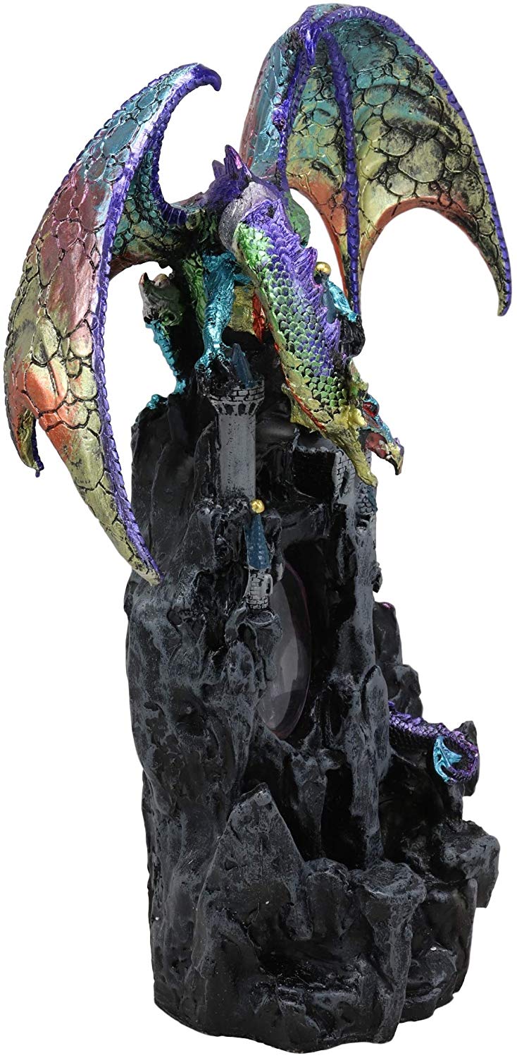Large Rainbow Dragon On Castle Statue With Wyrmling In Egg LED Light Glass Ball - Ebros Gift
