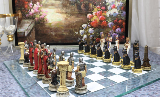 Ebros Pharaoh Egyptian VS Caesar Roman Empire Resin Chess Pieces W/ Glass Board - Ebros Gift