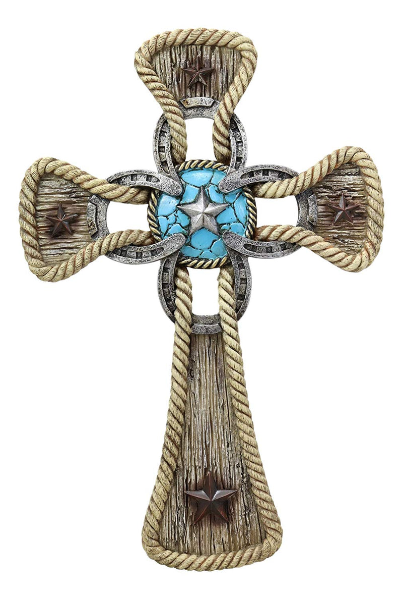 Ebros Gift Rustic Western Stars Turquoise Gem Horseshoe Wall Cross Decor Plaque In Rope Embroidery Outline Finish Hanging Sculpture 12" High Decorative Crosses - Ebros Gift