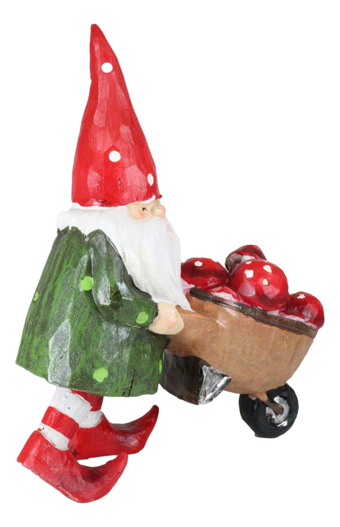 Whimsical Garden Mr Grandpa Gnome Pushing Toadstool Mushrooms Wheelbarrow Statue