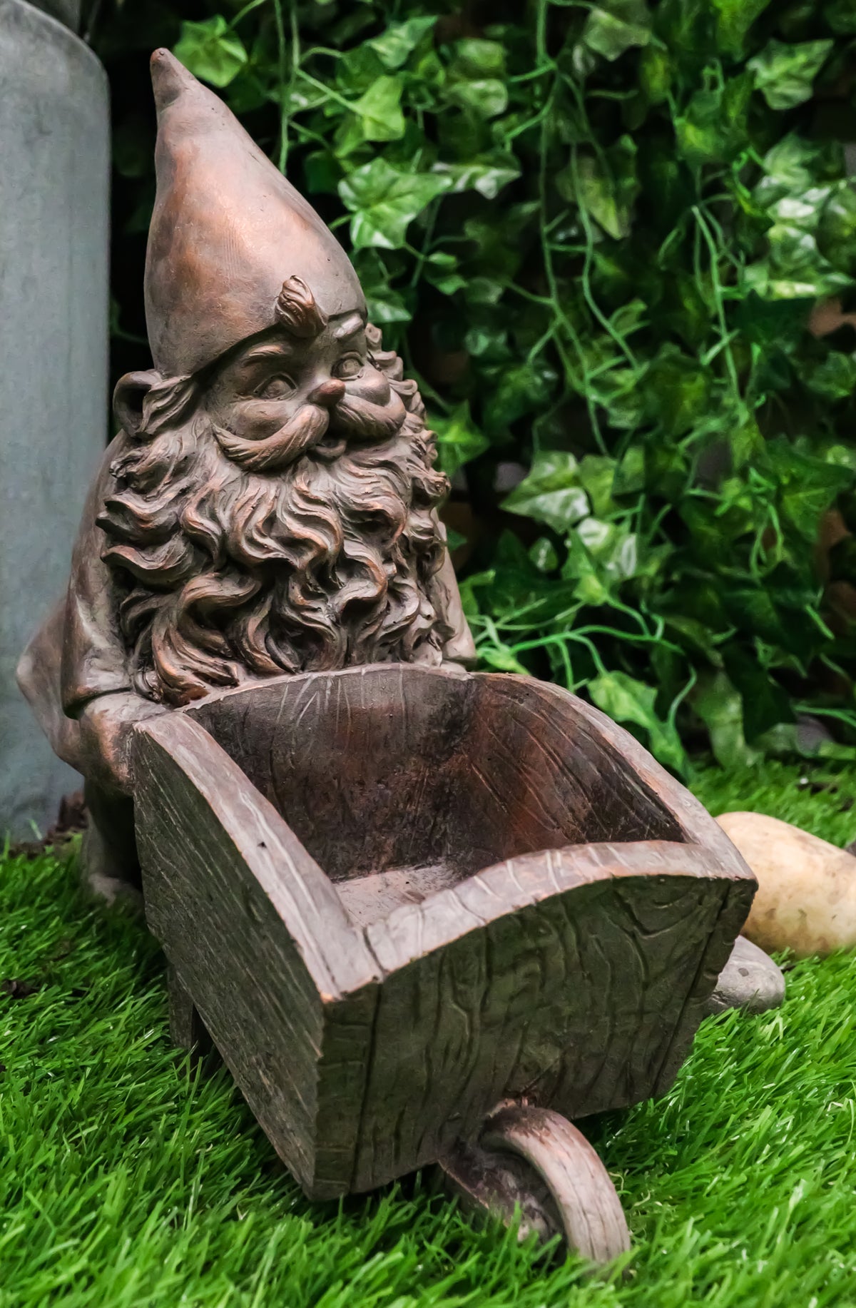 Hardworking Mr Gnome Pushing Wheelbarrow Cart Floral Planter Vase Garden Statue