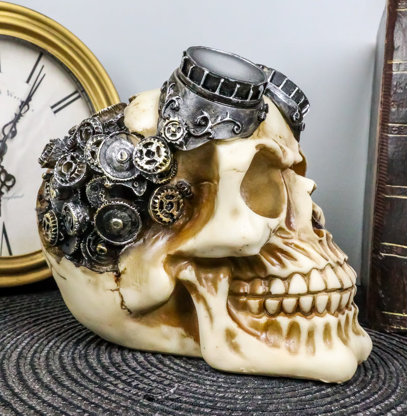 Steampunk Pilot Aviator Cyborg Skull Figurine Painted Gearwork Robotic Sculpture