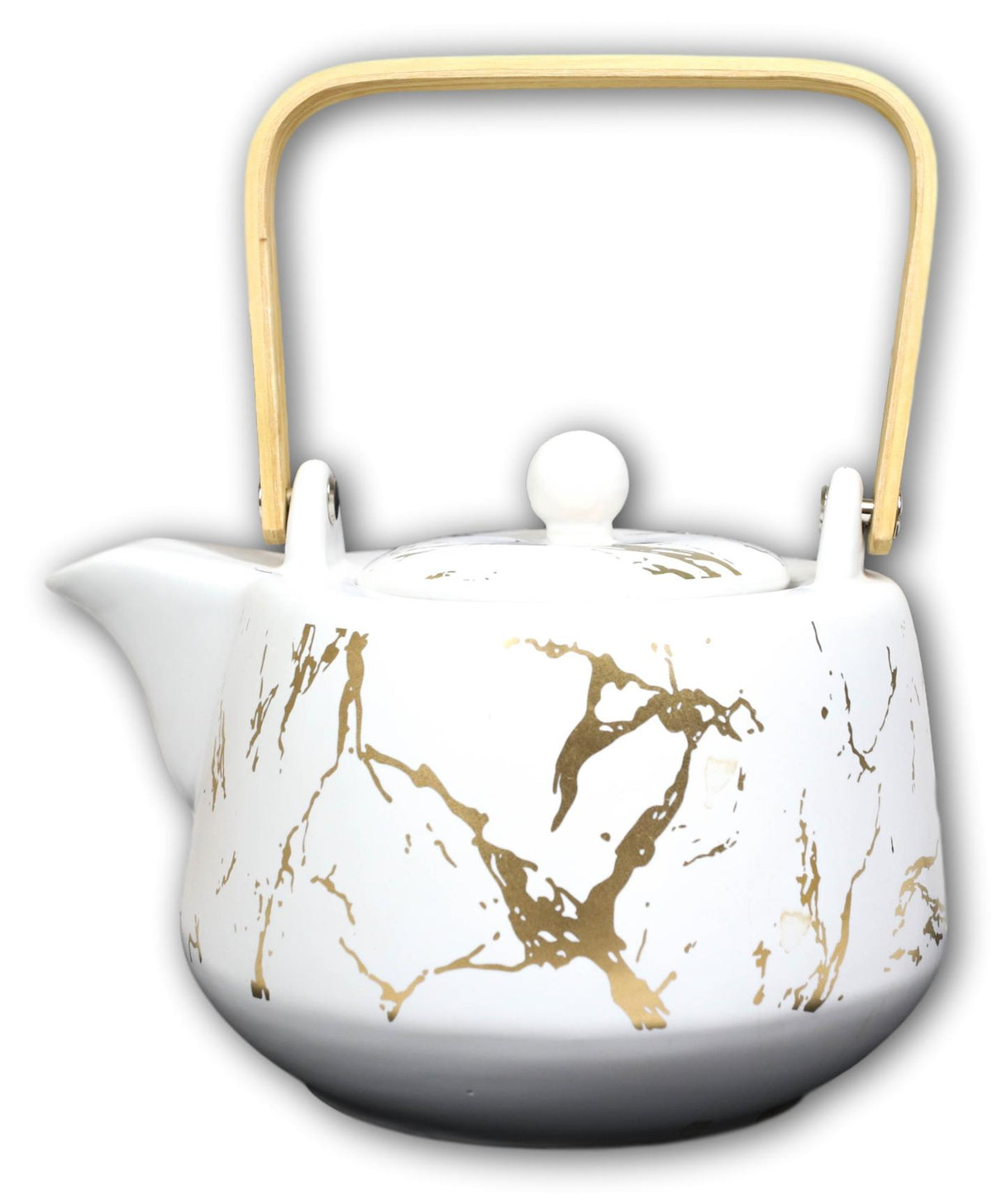 White Faux Marble With Gold Veins Ceramic Tea Pot And Cups With Tray Set For 4 - Ebros Gift