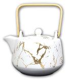 White Faux Marble With Gold Veins Ceramic Tea Pot And Cups With Tray Set For 4