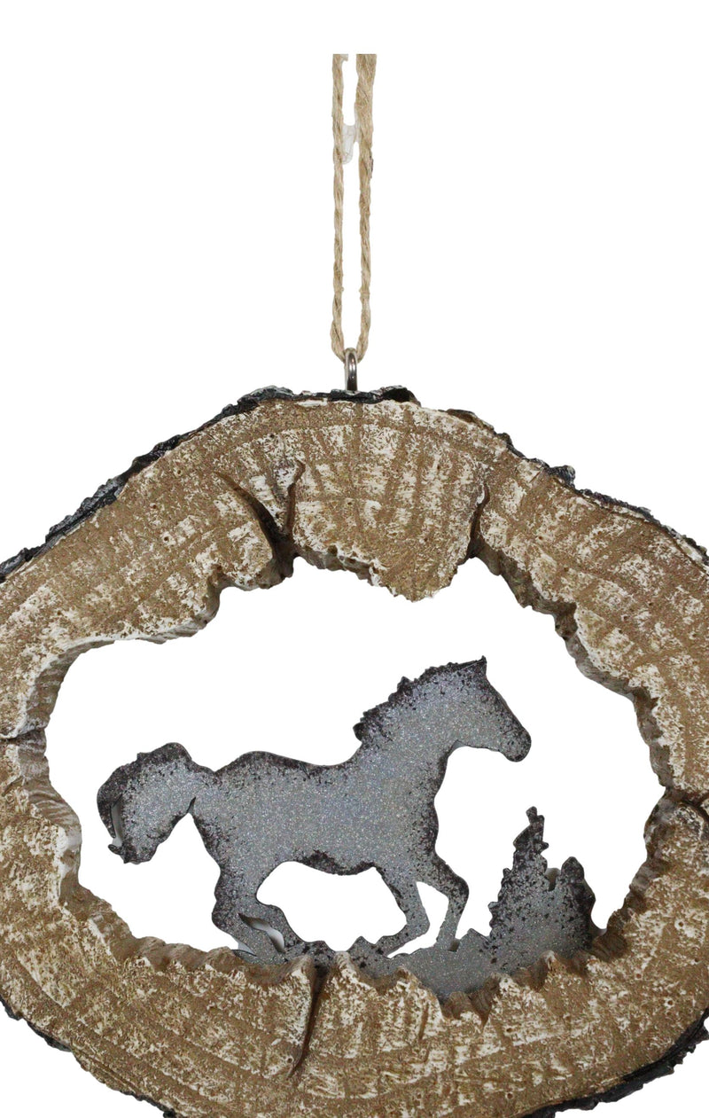 Rustic Western Wild Horse Faux Wood Log Slice Set of 4 Christmas Tree Ornaments