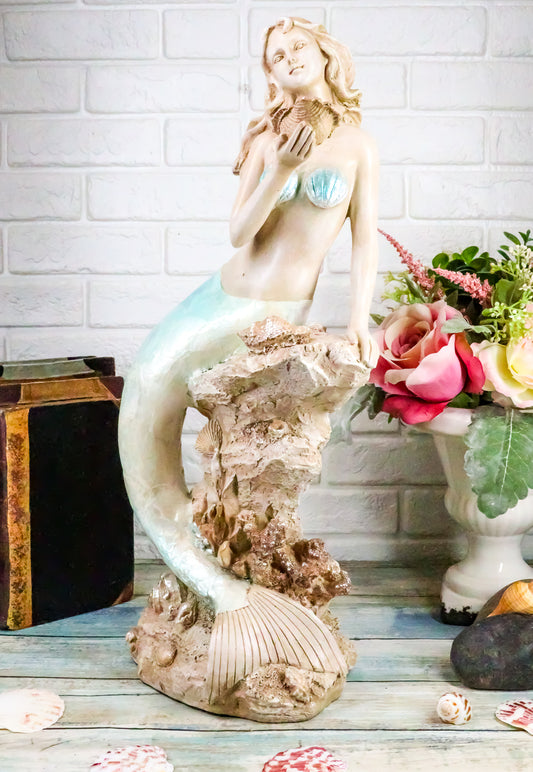Ebros Gift Large Aquamarine Pretty Goddess Mermaid Listening To Ocean Sconce Figurine 17"H