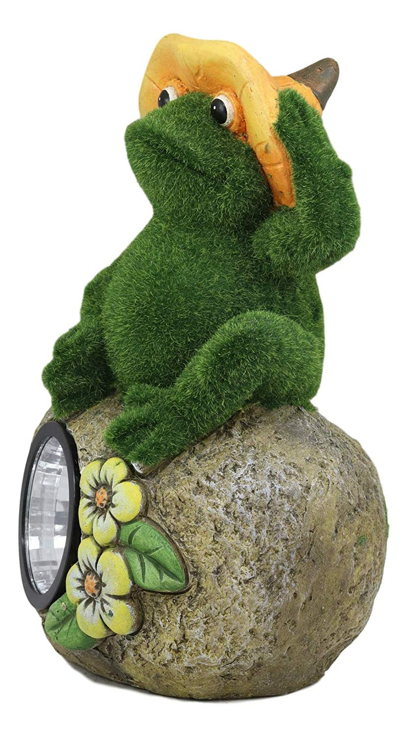 Whimsical Flocked Grass Toad Frog On Rock Garden Statue With Solar LED Light