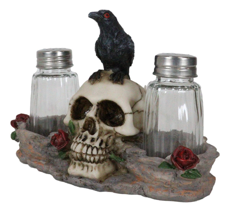 Ebros Day Of The Dead Raven Crow W/ Rose Skull Salt & Pepper Shakers Holder Set