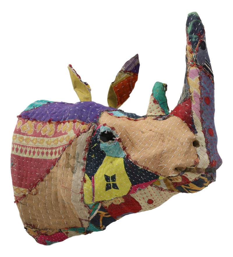 Safari Pachy Rhinoceros Hand Crafted Paper Mache In Sari Fabric Wall Head Decor