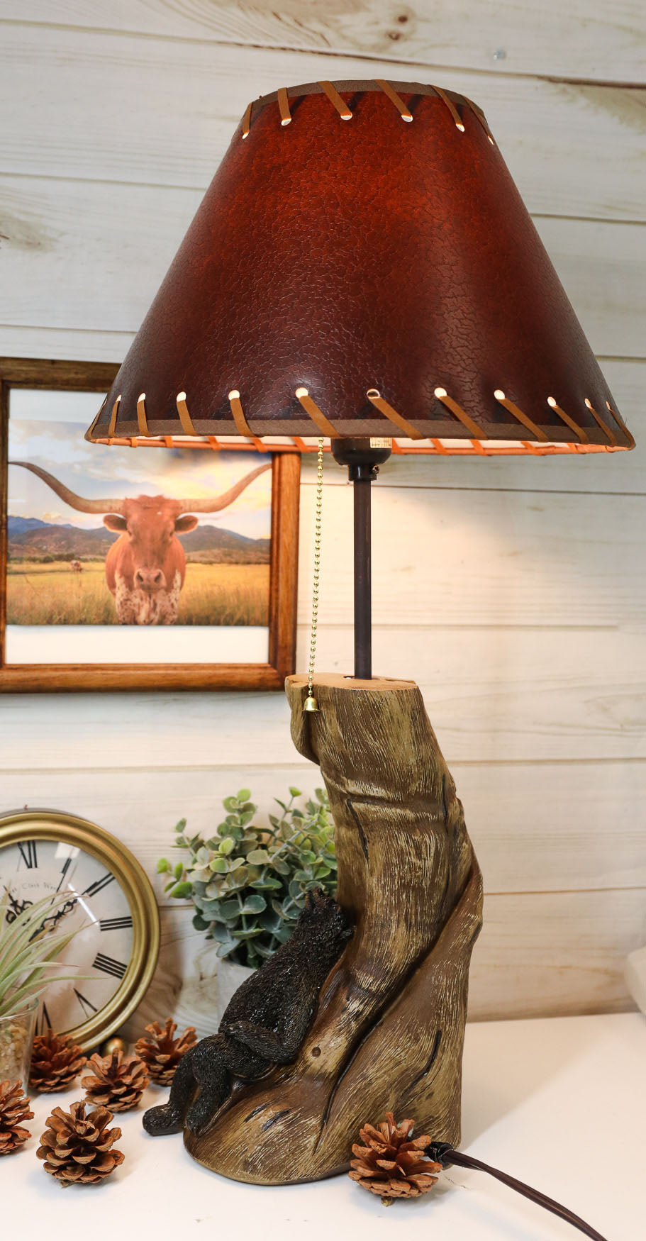 Rustic Forest Black Bear Sleeping On Tree Log Desktop Table Lamp With Shade
