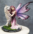 Large Lavender Fairy Embracing Siberian White Tiger Statue Fantasy Home Decor
