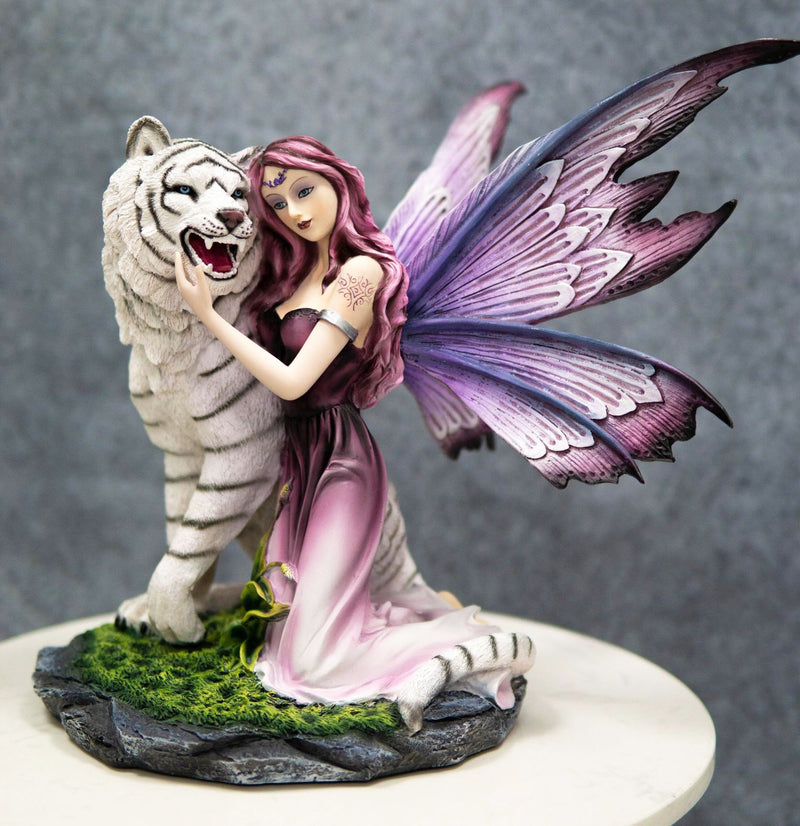 Large Lavender Fairy Embracing Siberian White Tiger Statue Fantasy Home Decor