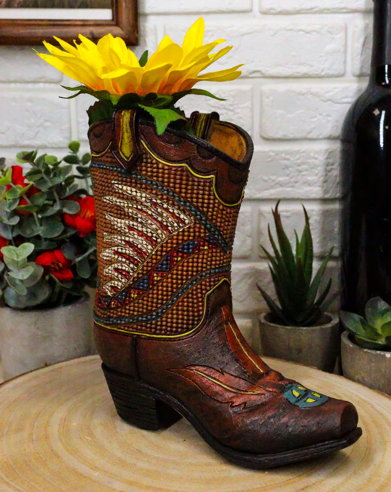Set Of 3 Western Cowboy Aztec Mexica Faux Tooled Leather Boots Floral Vases