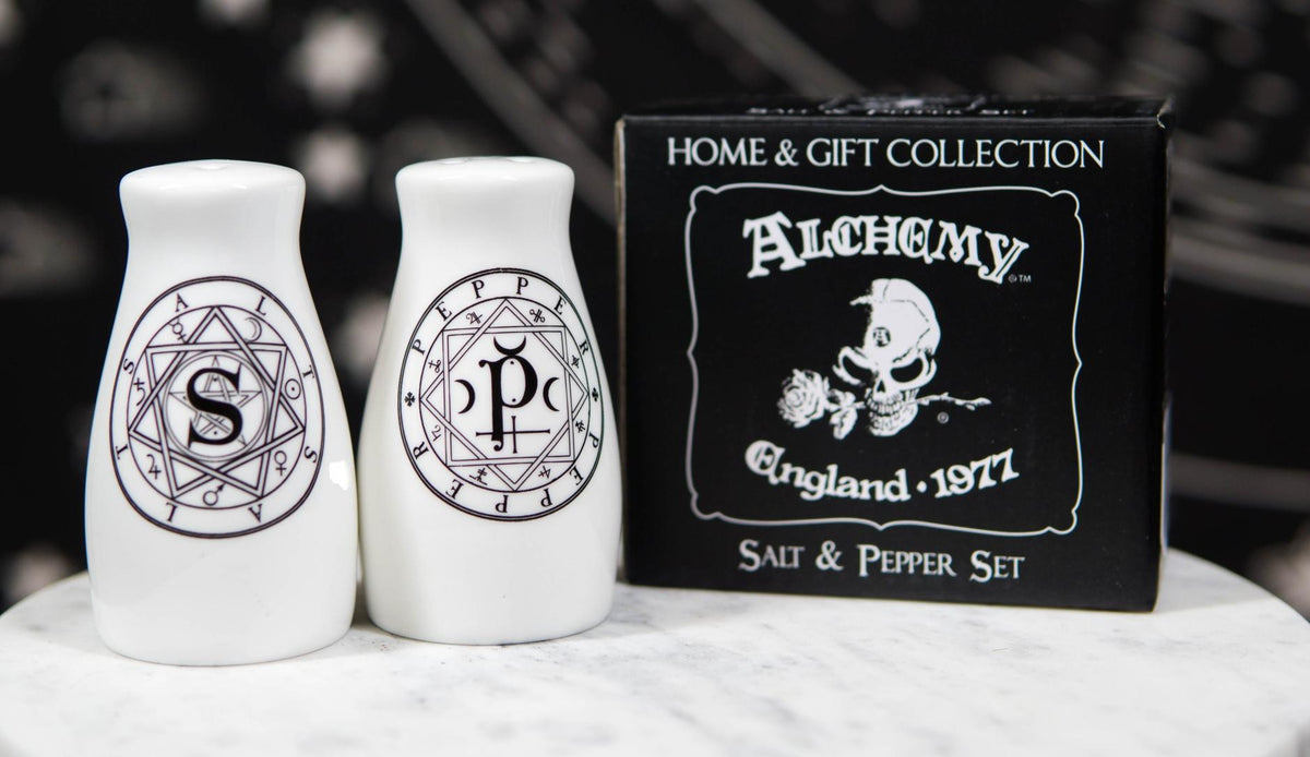Wicca Sacred Geometry Pentacles Crescent Moons Ceramic Salt n Pepper Shakers Set - Ebros Gift