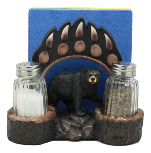 Ebros Animal Totem Black Bear Paw Napkin and Salt Pepper Shakers Holder Statue