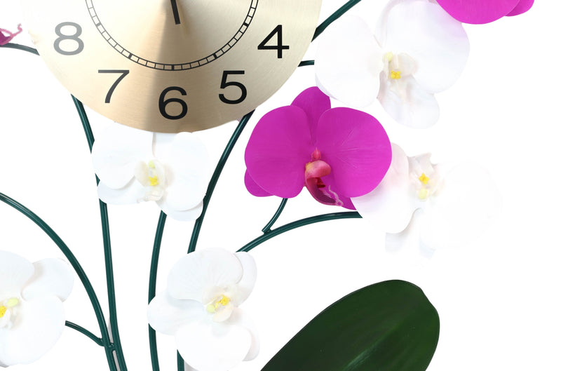 Large Lifelike White Purple Floral Orchid Blooms Gold Plated Metal Wall Clock
