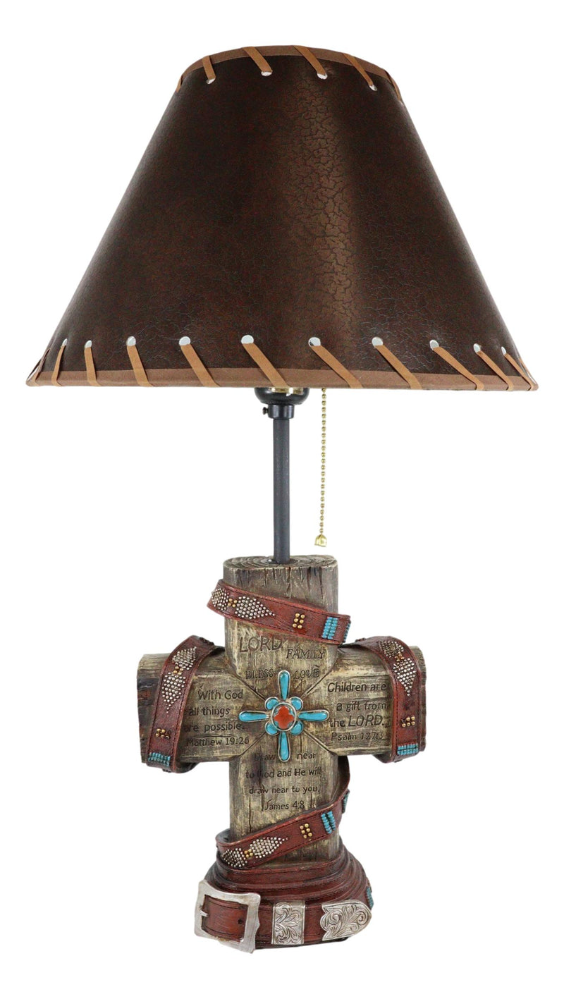 Western Turquoise Faux Distressed Wood Cross Bible Verses Family Side Table Lamp