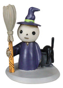 Lucky Skeleton In Witch Costume And Broomstick Standing By Black Cat Figurine