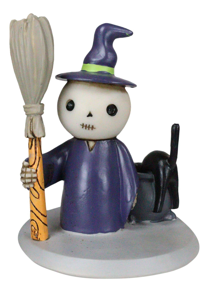 Lucky Skeleton In Witch Costume And Broomstick Standing By Black Cat Figurine