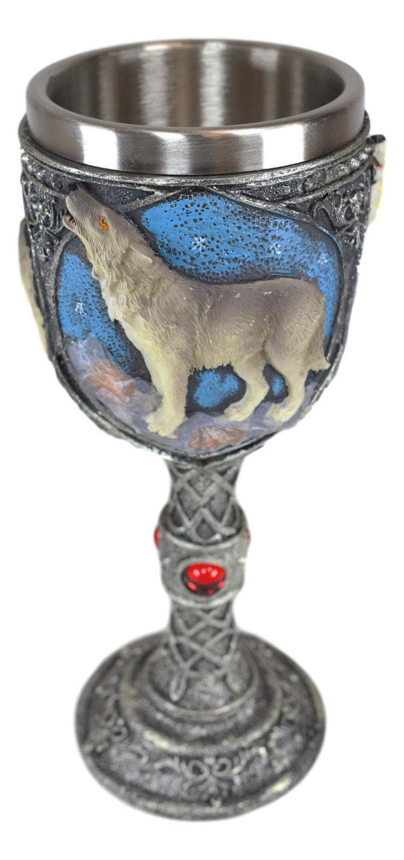 Ebros Howling Gray Wolf In Starry Night Wine Goblet With Celtic Knotwork 7oz