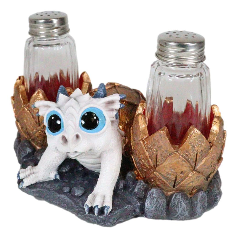 Frozen White Dragon Hatchling In Golden Egg Salt And Pepper Shakers Set Holder