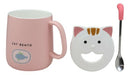 Set of 2 Pink & Green Drooling Cat Bento Porcelain Mug Cup With Spoon And Lid