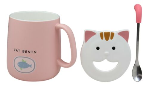 Set of 2 Pink & Green Drooling Cat Bento Porcelain Mug Cup With Spoon And Lid