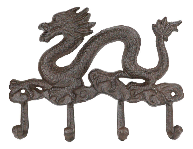 Cast Iron Rustic Chinese Dragon King 4-Pegs Wall Keys Leash Coat Hook Decor