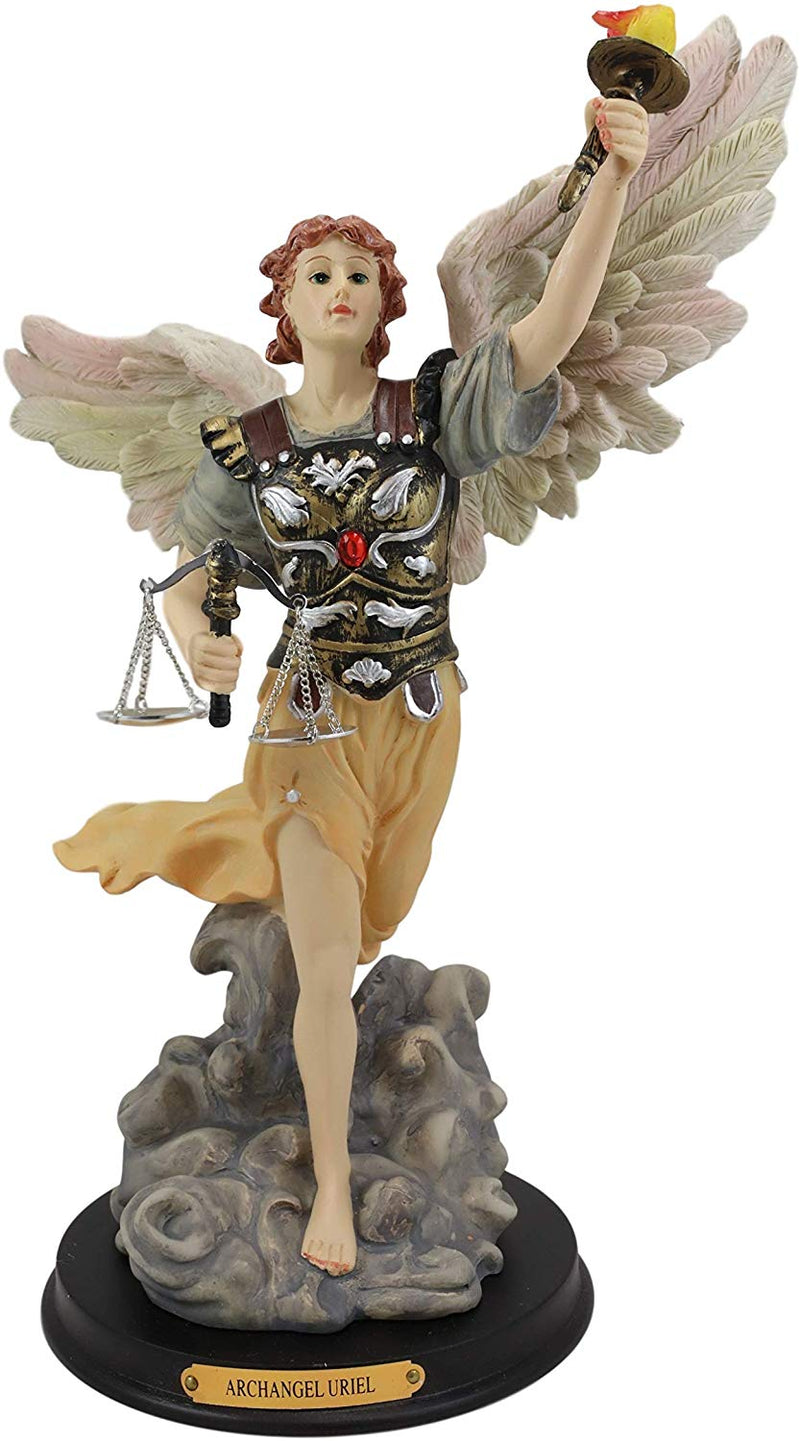 Ebros Byzantine Archangel Saint Uriel Statue with Brass Name Plate Wooden Base