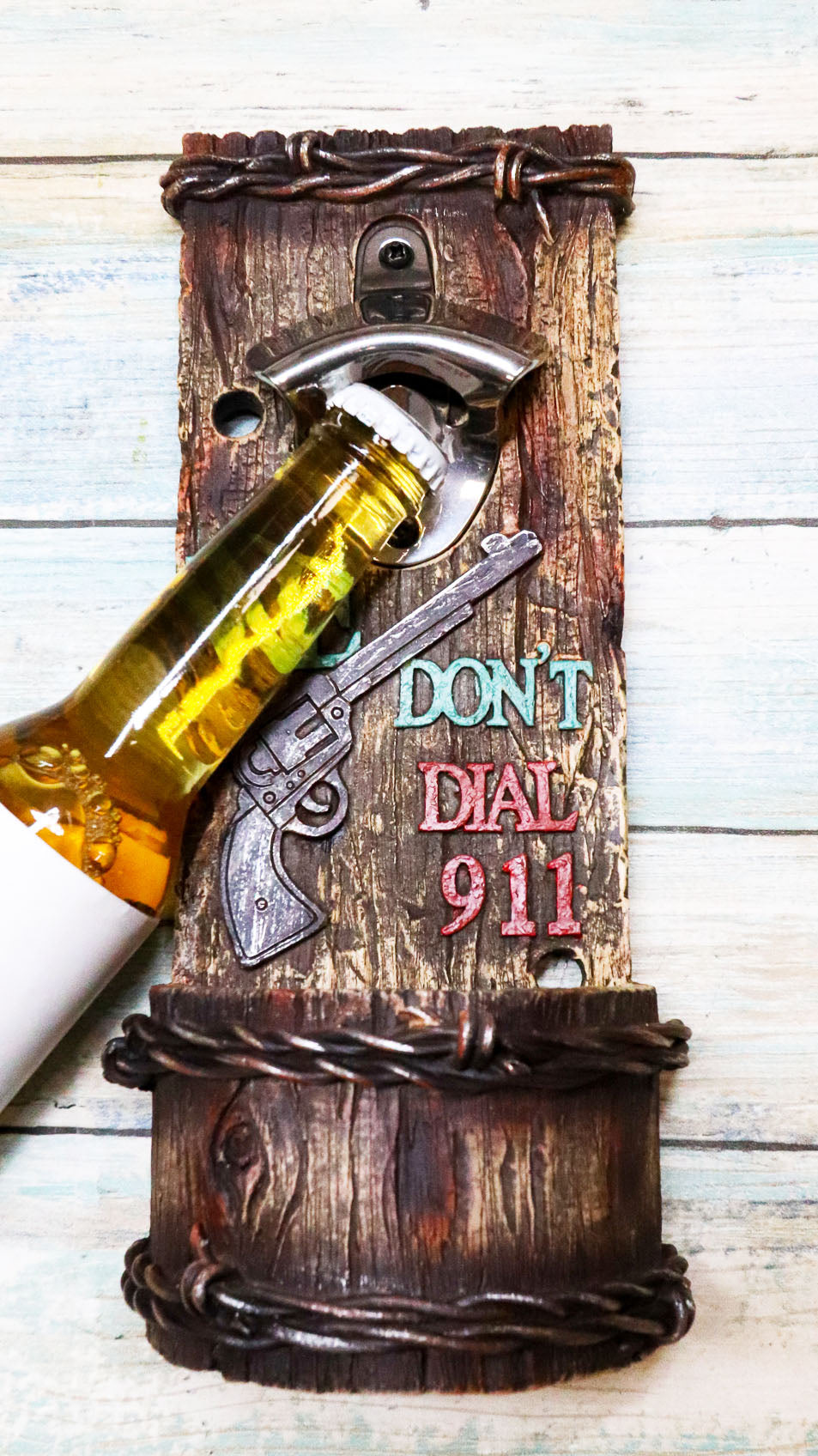 Western We Don't Dial 911 Pistol Gun Barbed Wires Wall Bottle Opener With Catch