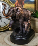African Safari Bush Elephant Mother With Calf On Jungle March Figurine With Base