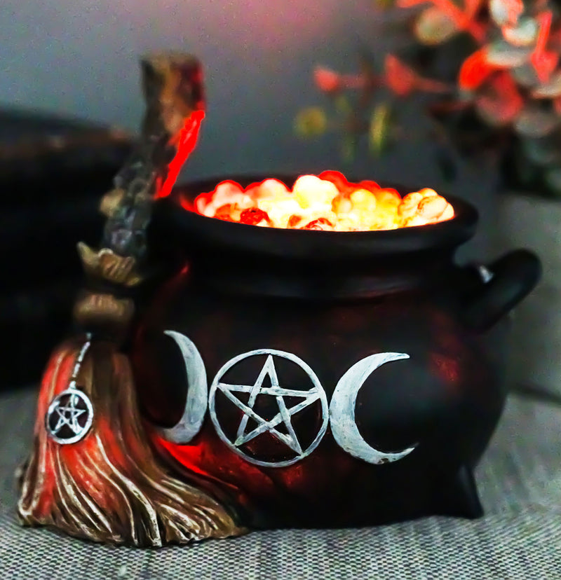 Wicca Triple Moon Goddess Pentagram LED Light Cauldron And Broomstick Figurine