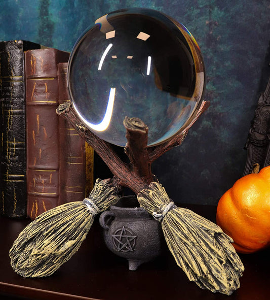Ebros Scrying Witch Crystal Glass Gazing Ball On Broomsticks and Potion Cauldron Figurine 8" H Witchcraft Wicca Wiccan Witches Decor Halloween Sculpture Decorative