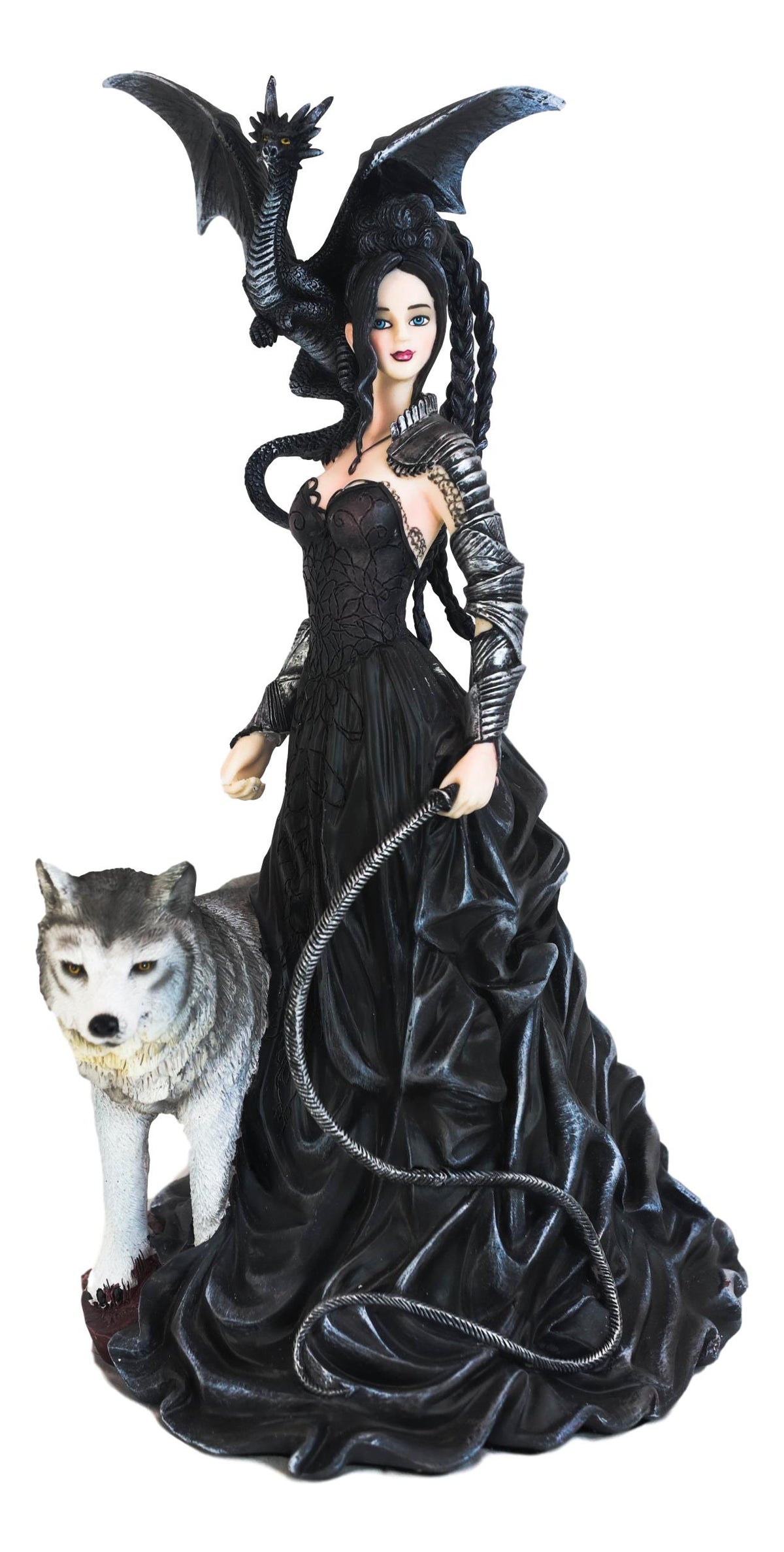 Gothic Maestra Maleficent Witch Fairy With Alpha Wolf and Black Dragon Statue