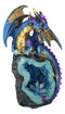 Metallic Blue Iridescent Dragon On Faux Geode Rock Quartz Crystal Cove Figurine