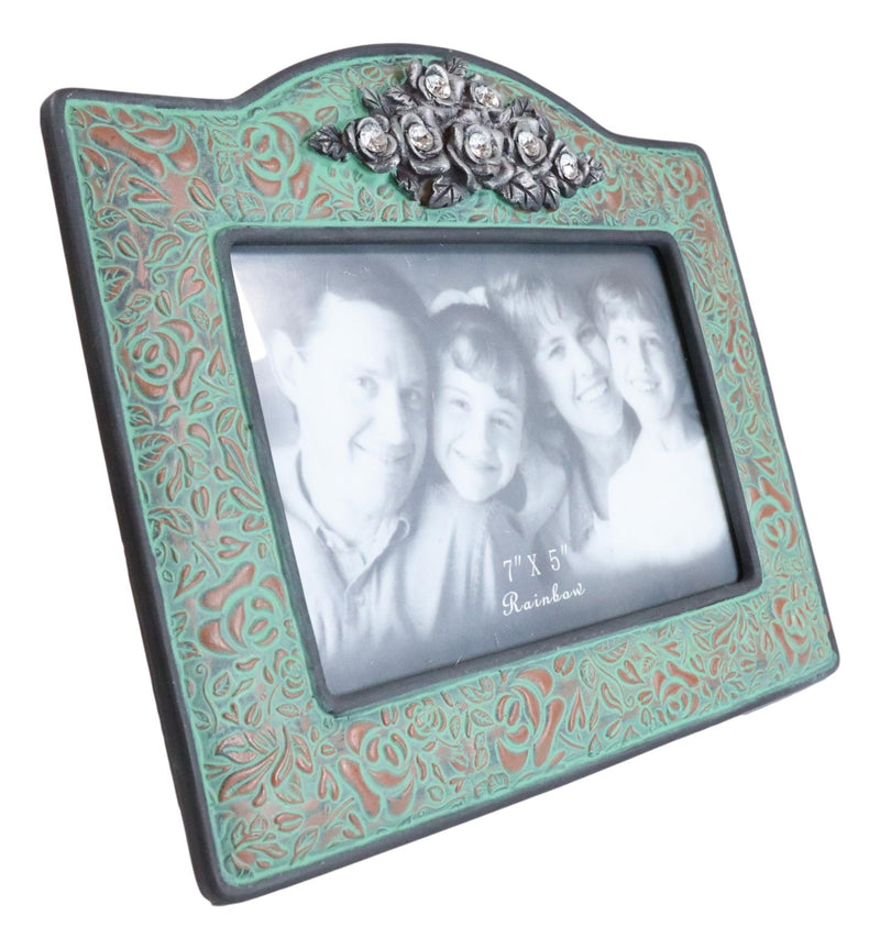 Western Silver Roses Turquoise Faux Tooled Leather Picture Photo Frame 5"X7"