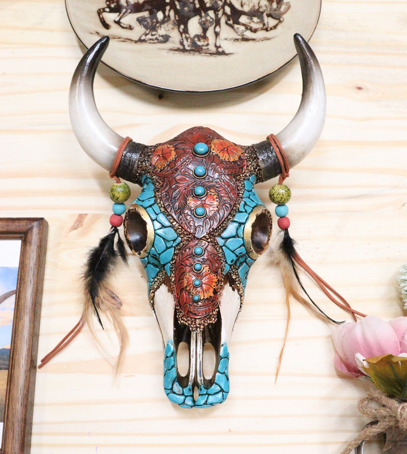Southwestern Adorned Cow Skull Wall Decor – Turquoise & Gold Accents, Hand Painted