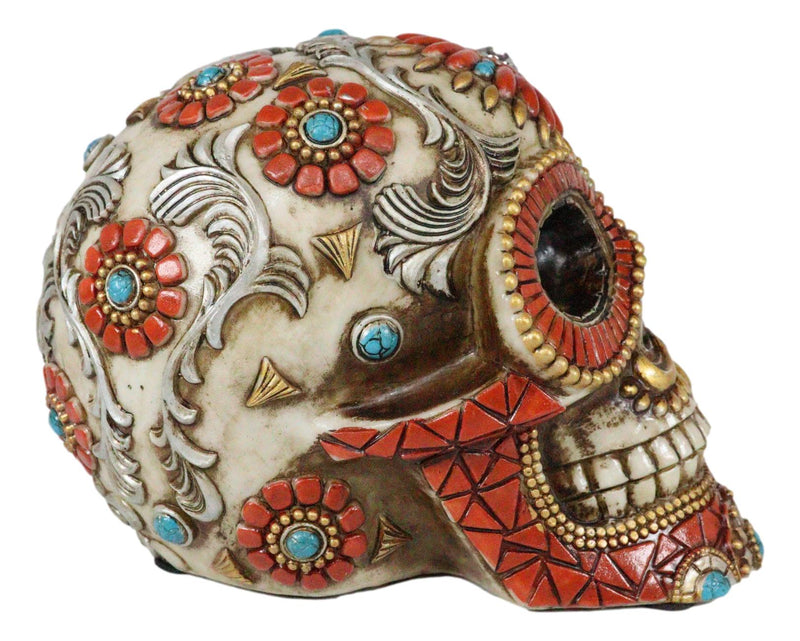 Aztec Indian Boho Mayan Fire God Tooled Floral Turquoise Orange Stones Skull