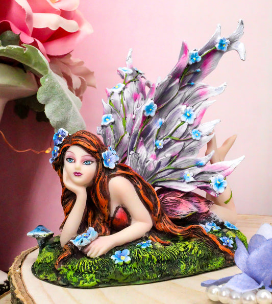 Ebros Enchanted Garden Meadows Blue Peony Fairy With Purple Wings Sunbathing Figurine - Ebros Gift