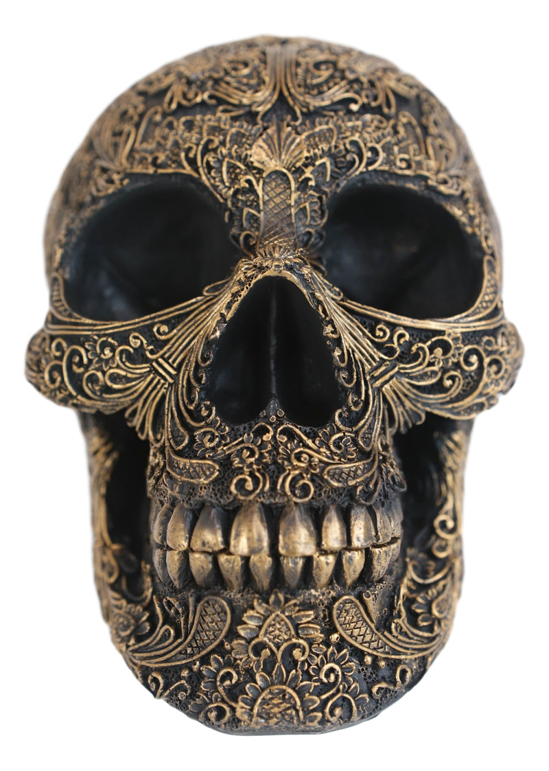 Ornate Tooled Floral Lace Fleur De Lis Royalty Cross Skull Decorative Figurine