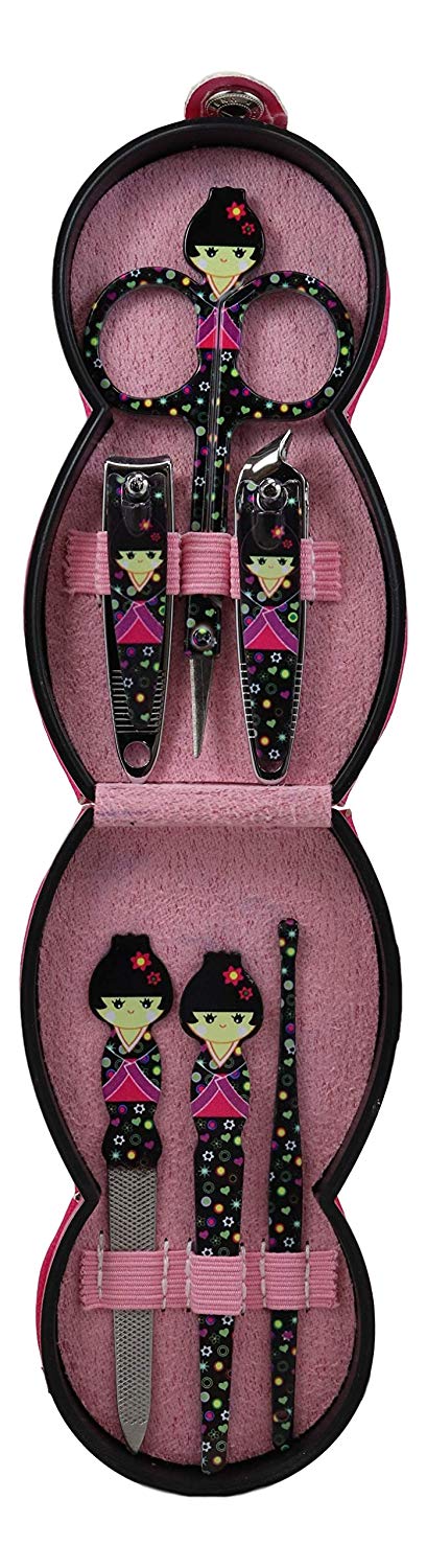 Ebros Gift Traditional Japanese Kokeshi Girl Doll Travel Portable Case Manicure Pedicure Set 6 Piece Stainless Steel Grooming Tools Nail Clippers Scissors Filers Ear Pick Tweezer (Black Kimono)
