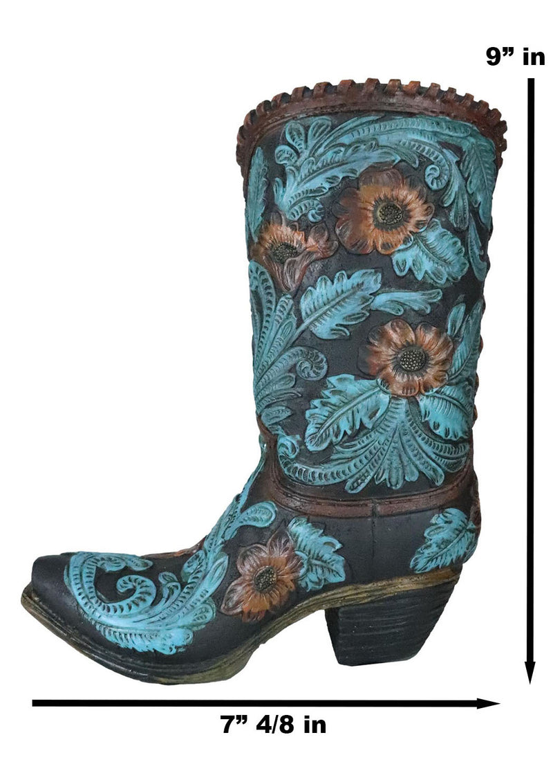 Turquoise Floral Scroll Lace W/ Rearing Horse Cowboy Boot Vase Planter Figurine