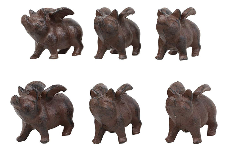 Cast Iron Small Whimsical Flying Pig Angel Hog Statue Paperweight Decor Set of 6