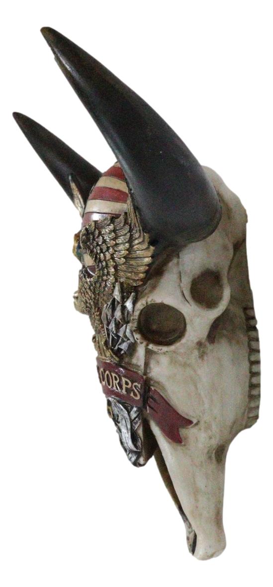 Western Patriotic Bull Cow Skull W/ American Flag Bald Eagle Marine Wall Decor - Ebros Gift