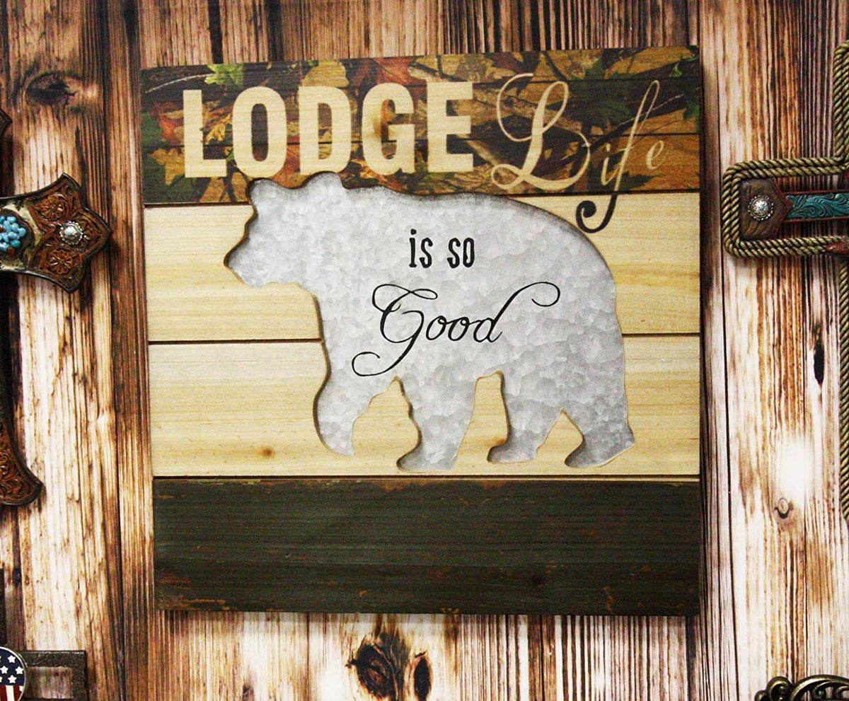 Ebros Large 15.75" Wide Rustic Cabin 'Lodge Life is So Good' Hand Painted Wooden Sign with Grizzly Bear Silhouette Hanging Wall Mounted Decor Plaque Western Country - Ebros Gift