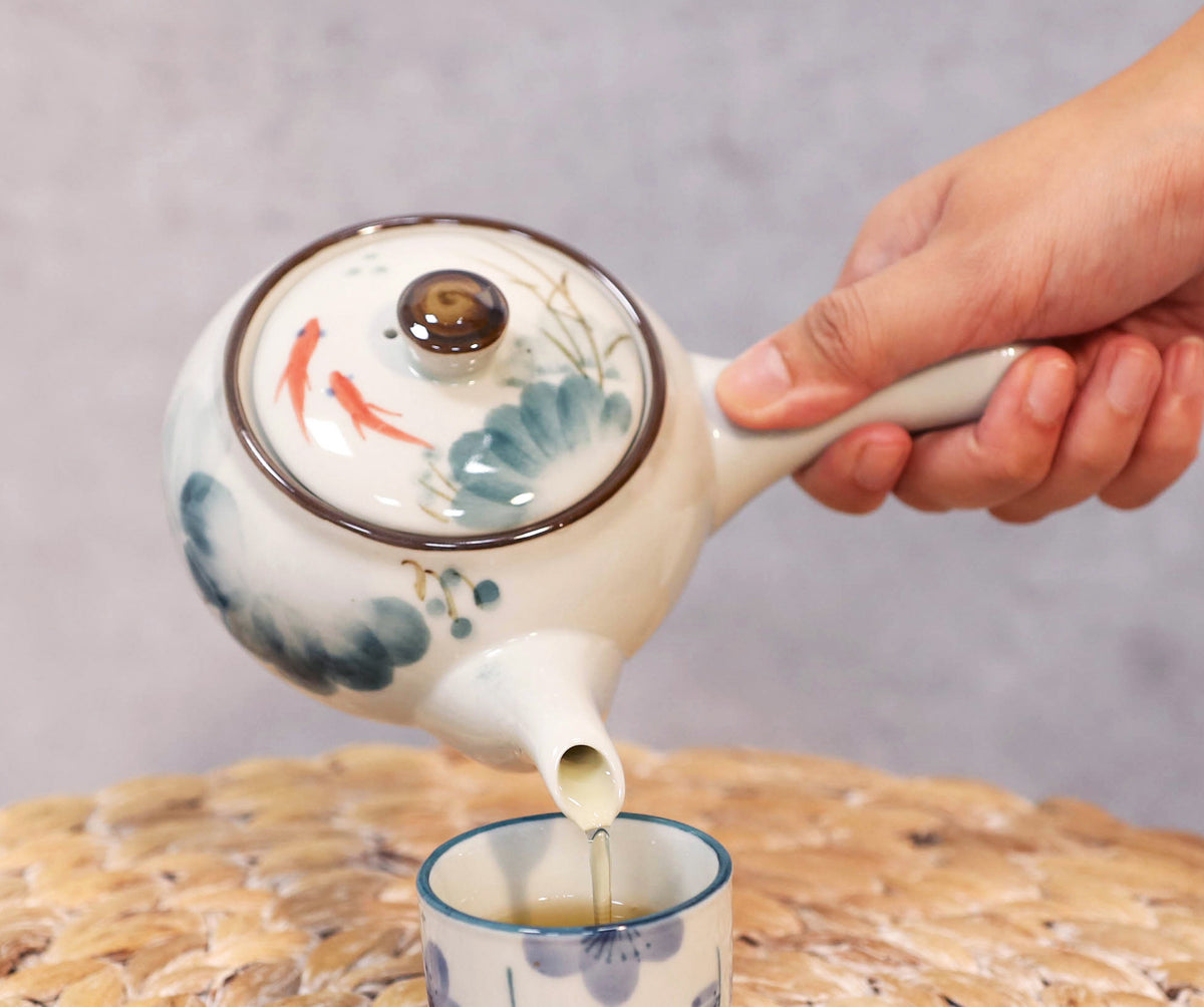 Feng Shui Yin Yang Koi Fish Pair Small Ceramic Tea Pot 12oz With Side Arm Handle - Ebros Gift