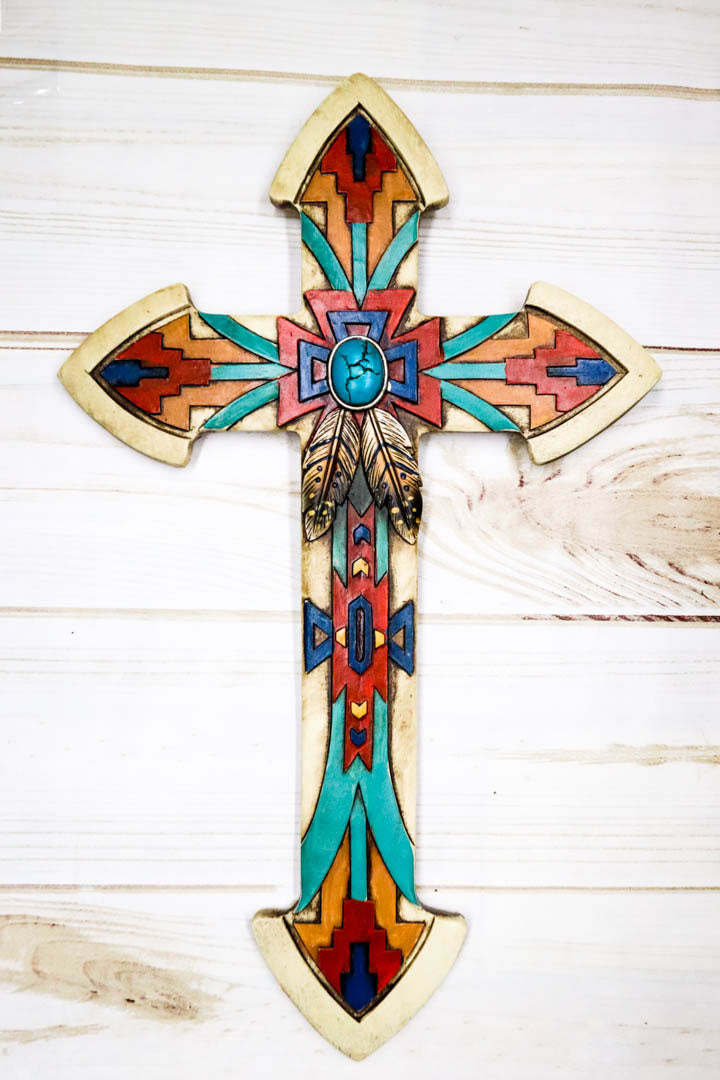 Rustic Southwest Indian Navajo Vector Feathers And Turquoise Rock Wall Cross
