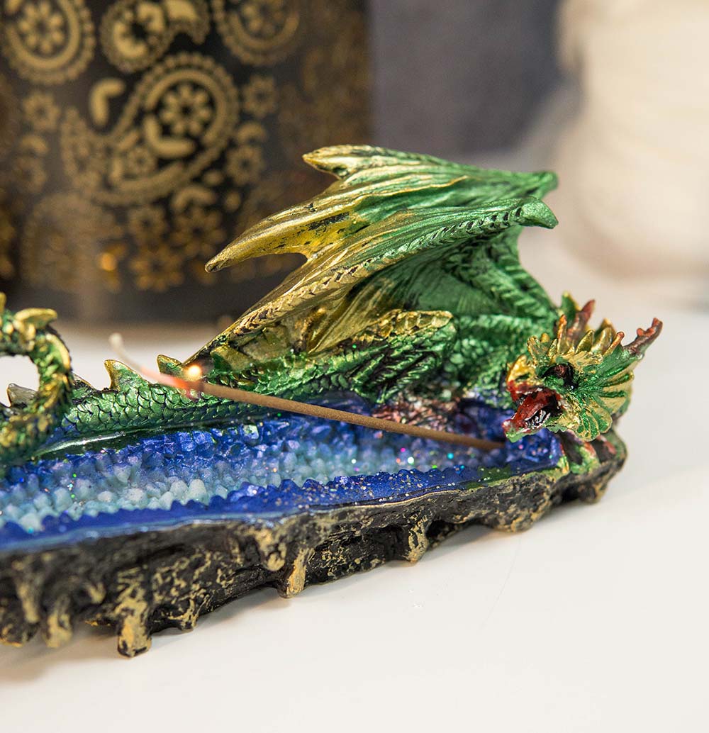 Ebros Green Jade Dragon Guarding Blue Quartz Crystal Quarry River Incense Burner - Ebros Gift