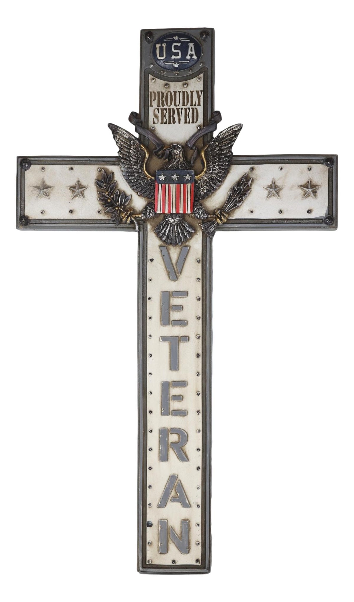 Rustic USA Proudly Served American Flag Great Seal Eagle Veteran Wall Cross